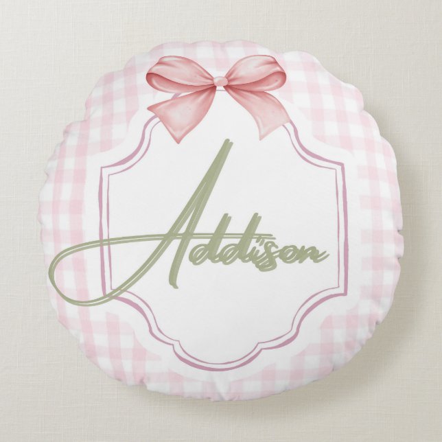 Personalized Addison Baby Girl Nursery Bow&Gingham Round Cushion (Front)