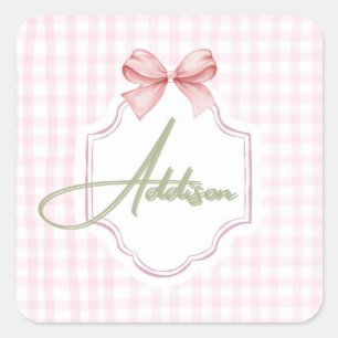 Personalized Addison Baby Girl Nursery Bow&Gingham Square Sticker