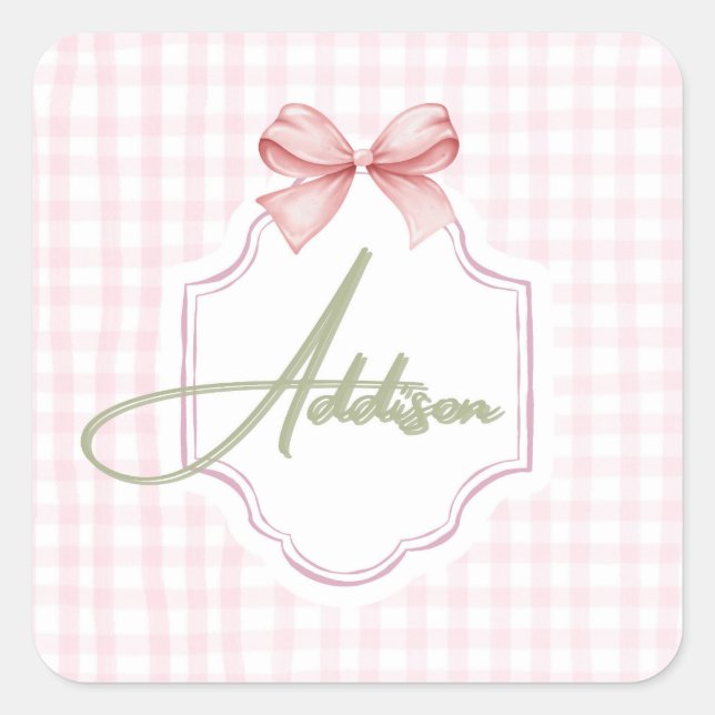 Personalized Addison Baby Girl Nursery Bow&Gingham Square Sticker (Front)