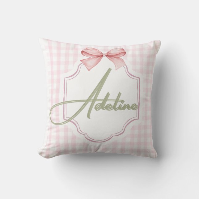 Personalized Adeline Baby Girl Nursery Bow&Gingham Cushion (Front)