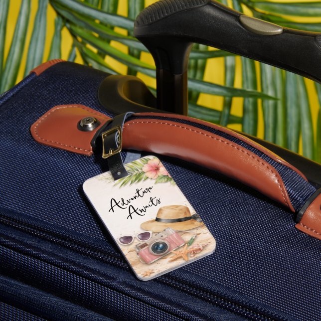 Personalized Adventure Awaits Tropical Floral Luggage Tag (Front Insitu 1)