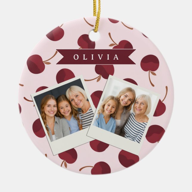Personalized Aesthetic Cherry Pattern Name Gift Ceramic Tree Decoration (Front)