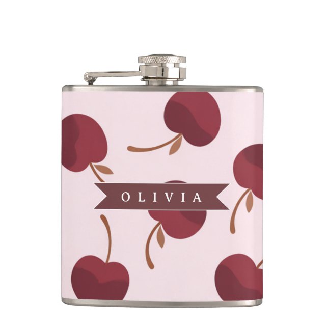 Personalized Aesthetic Cherry Pattern Name Gift Hip Flask (Front)