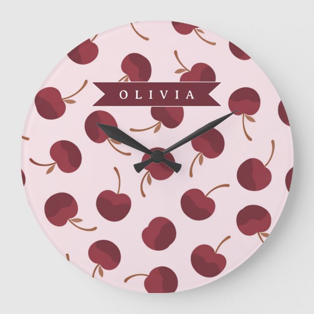 Personalized Aesthetic Cherry Pattern Name Gift Large Clock (Front)
