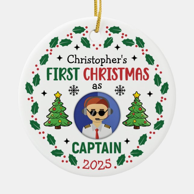 Personalized Airline Captain Custom Name Christmas Ceramic Tree Decoration (Front)