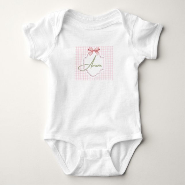 Personalized Amara Baby Girl Nursery Bow&Gingham Bodysuit (Front)