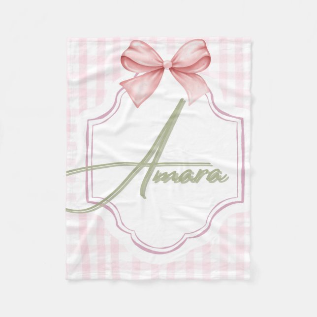 Personalized Amara Baby Girl Nursery Bow&Gingham Fleece Blanket (Front)