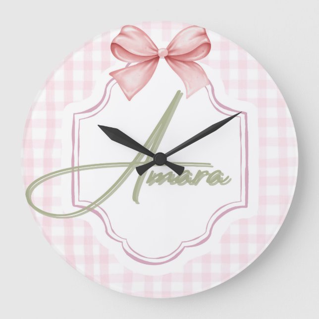 Personalized Amara Baby Girl Nursery Bow&Gingham Large Clock (Front)