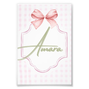 Personalized Amara Baby Girl Nursery Bow&Gingham Photo Print