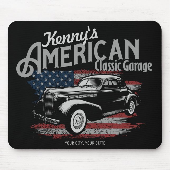 Personalized American Vintage Classic Car Garage  Mouse Mat (Front)