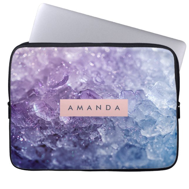Personalized Amethyst Crystal & Lavender Sparkle Laptop Sleeve (Front)