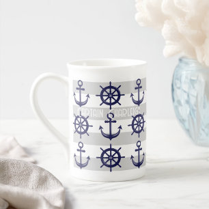 Personalized Anchor Boat Wheel Striped Nautical Bone China Mug