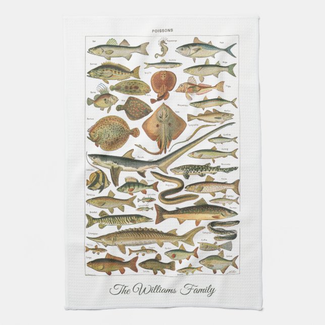 Personalized antique French Under-the-sea fish Tea Towel (Vertical)