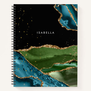 Personalized Aqua/Green Agate w/Gold Glitter Veins Notebook