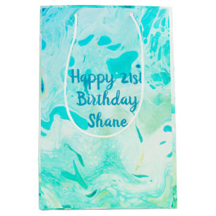 Personalized Aqua Swirls Shades of Blue Green Medium Gift Bag