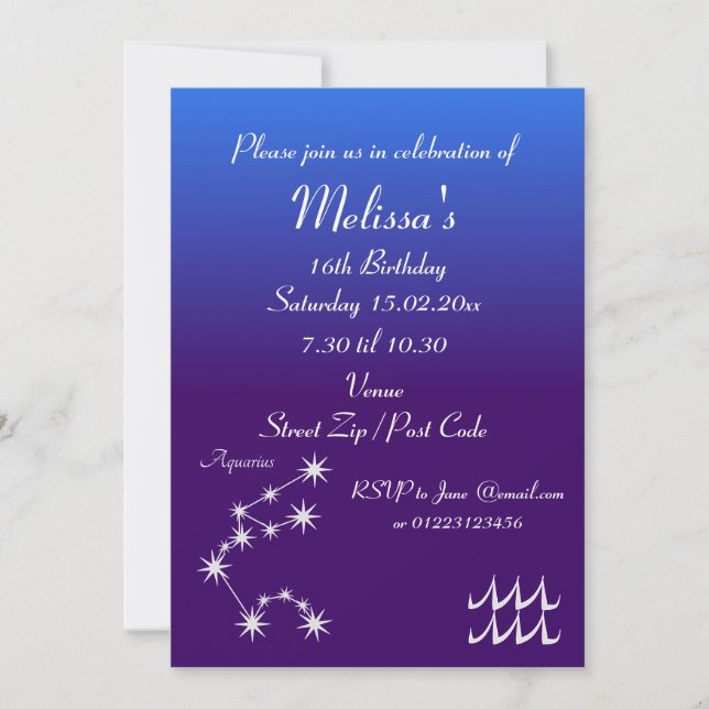 Personalized Aquarius Zodiac Party Invitation (Front)