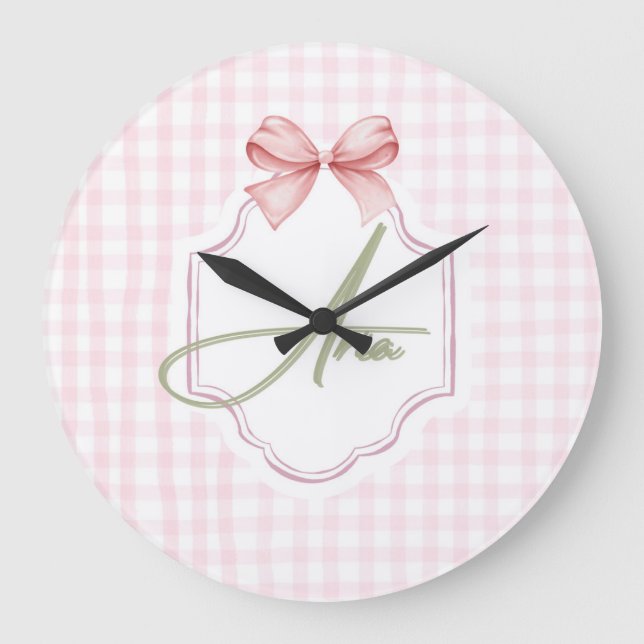 Personalized Aria Baby Girl Nursery Bow&Gingham  Large Clock (Front)