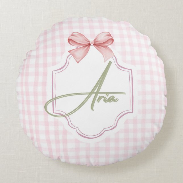 Personalized Aria Baby Girl Nursery Bow&Gingham  Round Cushion (Front)