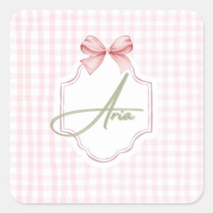 Personalized Aria Baby Girl Nursery Bow&Gingham  Square Sticker