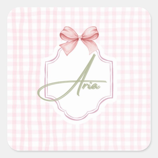 Personalized Aria Baby Girl Nursery Bow&Gingham  Square Sticker (Front)
