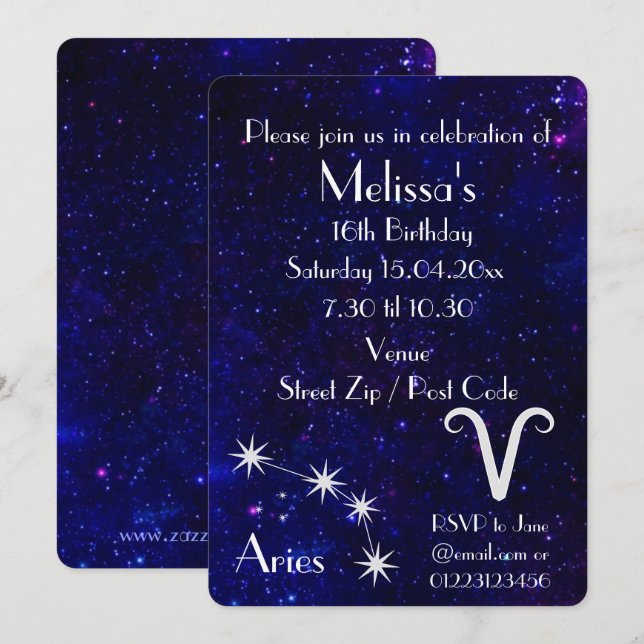 Personalized Aries Zodiac Galaxy Party Invitation (Front/Back)