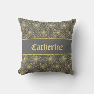 Personalized Art Deco Gray & Yellow Geometric Name Cushion