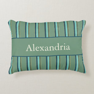 Personalized Art Deco Sage, Teal & Gold Stripes Decorative Cushion
