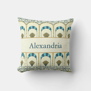 Personalized Art Deco Teal & Gold Geometric Cushion