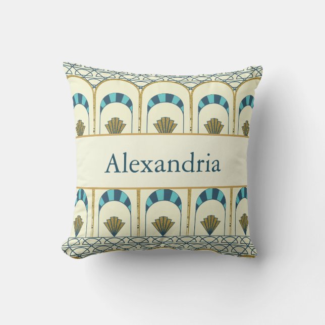 Personalized Art Deco Teal & Gold Geometric Cushion (Front)