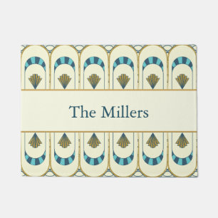 Personalized Art Deco Teal & Gold Geometric Doormat