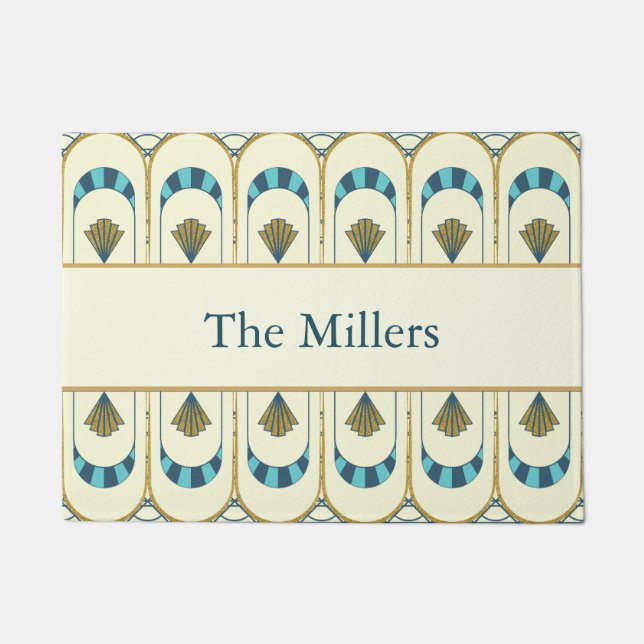 Personalized Art Deco Teal & Gold Geometric Doormat (Front)