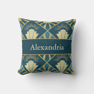 Personalized Art Deco Teal & Gold Geometric Name Cushion