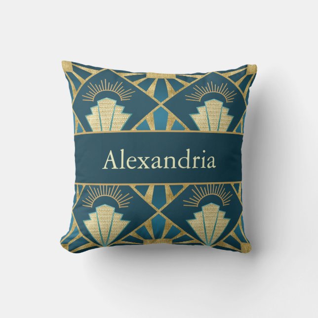 Personalized Art Deco Teal & Gold Geometric Name  Cushion (Front)