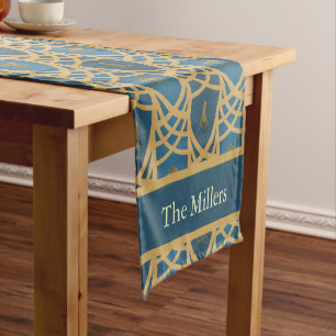 Personalized Art Deco Teal & Gold Geometric Name Short Table Runner