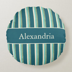 Personalized Art Deco Teal, Green & Gold Stripes Round Cushion