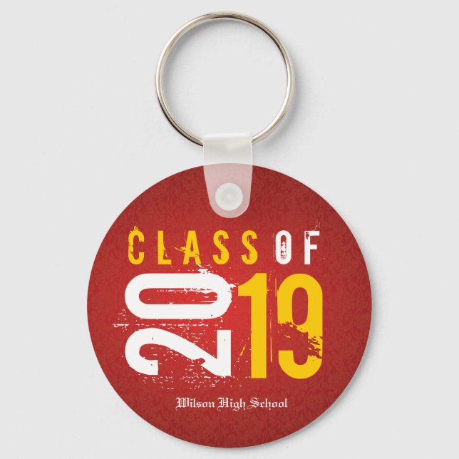 Personalized Artistic Red and Yellow Class of 2019 Key Ring (Front)