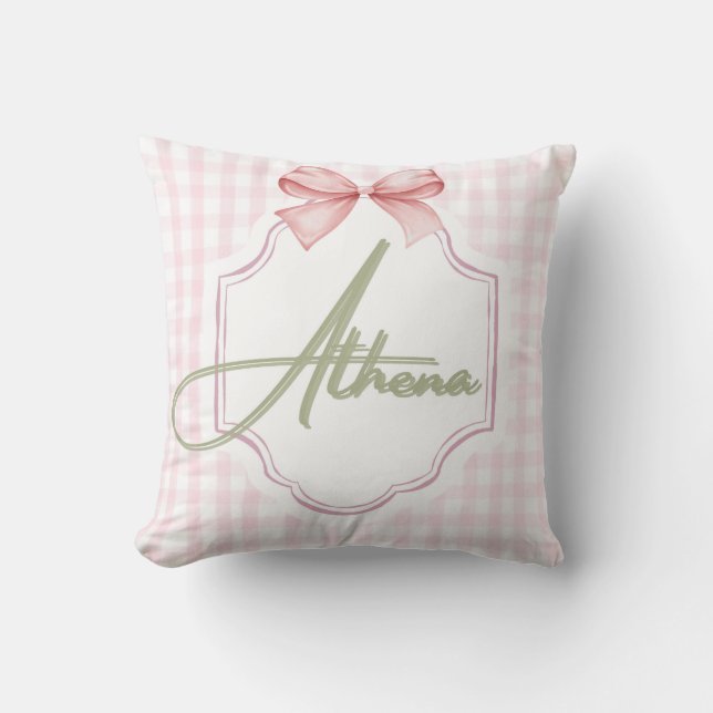 Personalized Athena Baby Girl Nursery Bow&Gingham Cushion (Front)