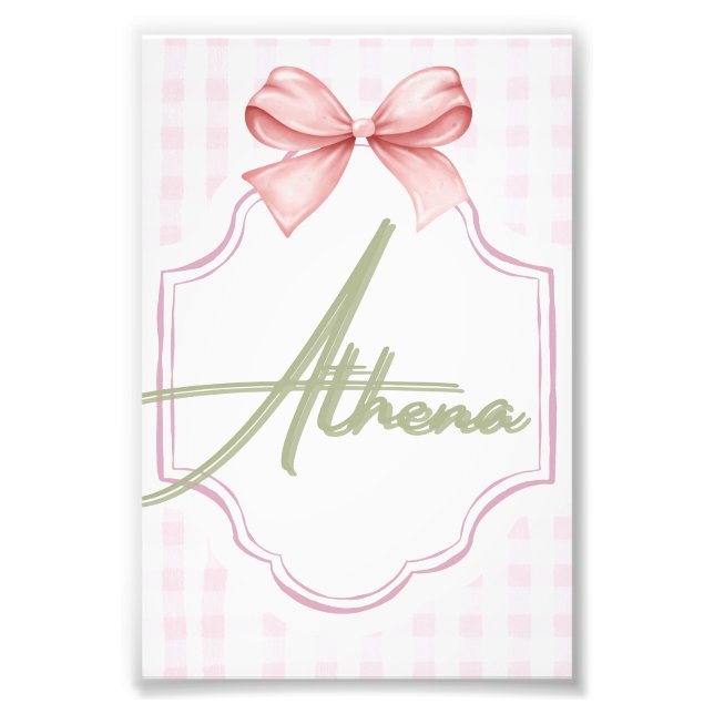Personalized Athena Baby Girl Nursery Bow&Gingham Photo Print (Front)