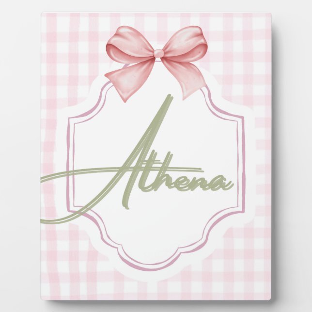 Personalized Athena Baby Girl Nursery Bow&Gingham Plaque (Front)