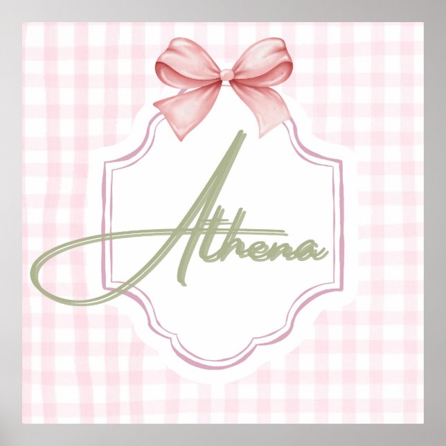 Personalized Athena Baby Girl Nursery Bow&Gingham Poster (Front)