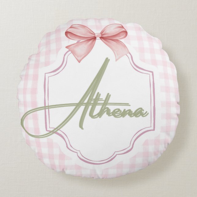 Personalized Athena Baby Girl Nursery Bow&Gingham Round Cushion (Front)