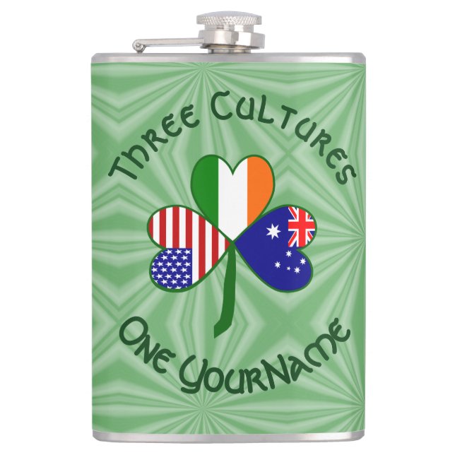 Personalized Australia Ireland USA Shamrock Large Hip Flask (Front)
