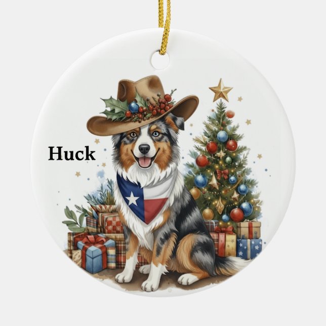 Personalized Australian Shepherd Dog in Texas Ceramic Tree Decoration (Front)