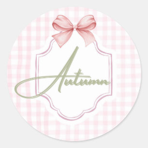 Personalized Autumn Baby Girl Nursery Bow&Gingham Classic Round Sticker