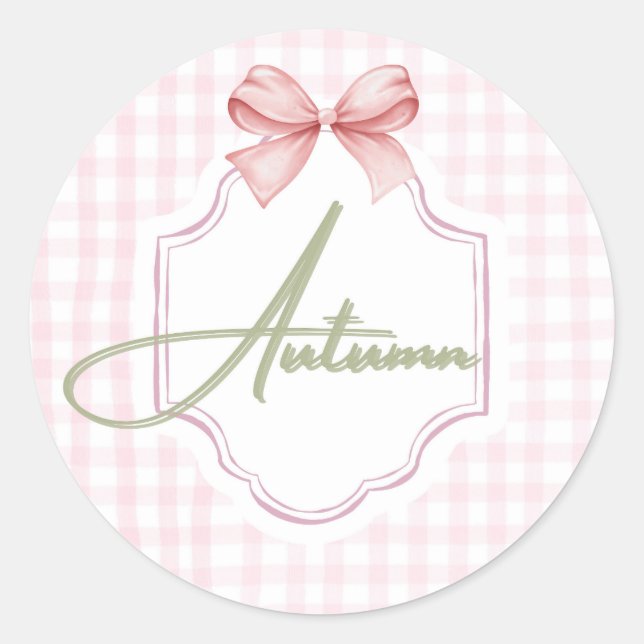 Personalized Autumn Baby Girl Nursery Bow&Gingham  Classic Round Sticker (Front)