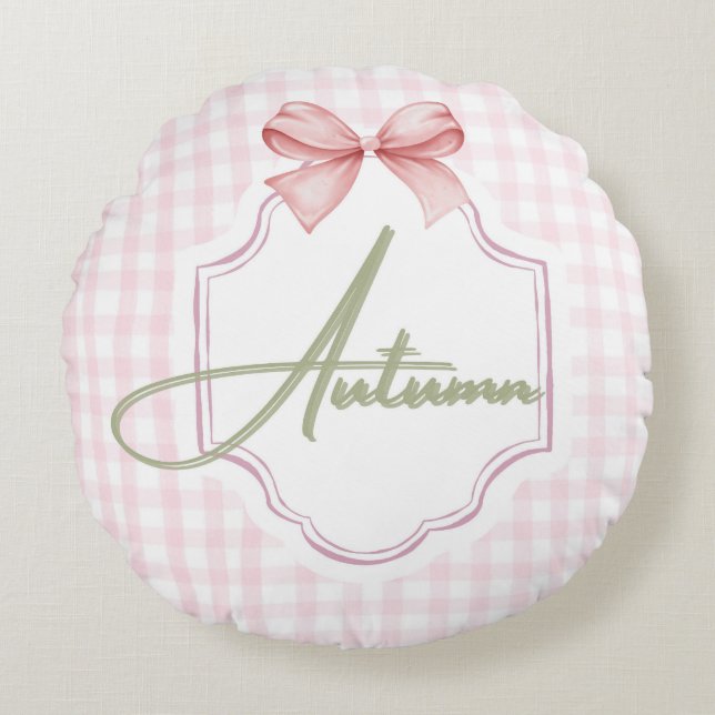 Personalized Autumn Baby Girl Nursery Bow&Gingham  Round Cushion (Front)