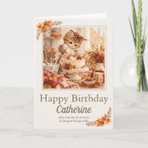 Personalized Autumn Birthday Kitten Cake Card