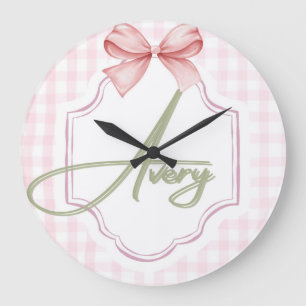 Personalized Avery Baby Girl Nursery Bow&Gingham  Large Clock
