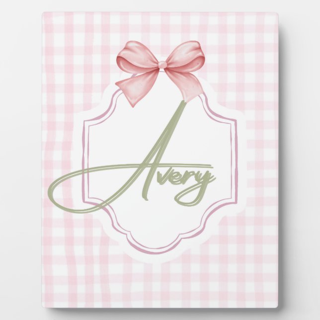 Personalized Avery Baby Girl Nursery Bow&Gingham  Plaque (Front)