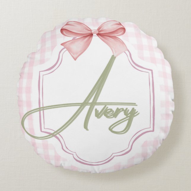 Personalized Avery Baby Girl Nursery Bow&Gingham  Round Cushion (Front)